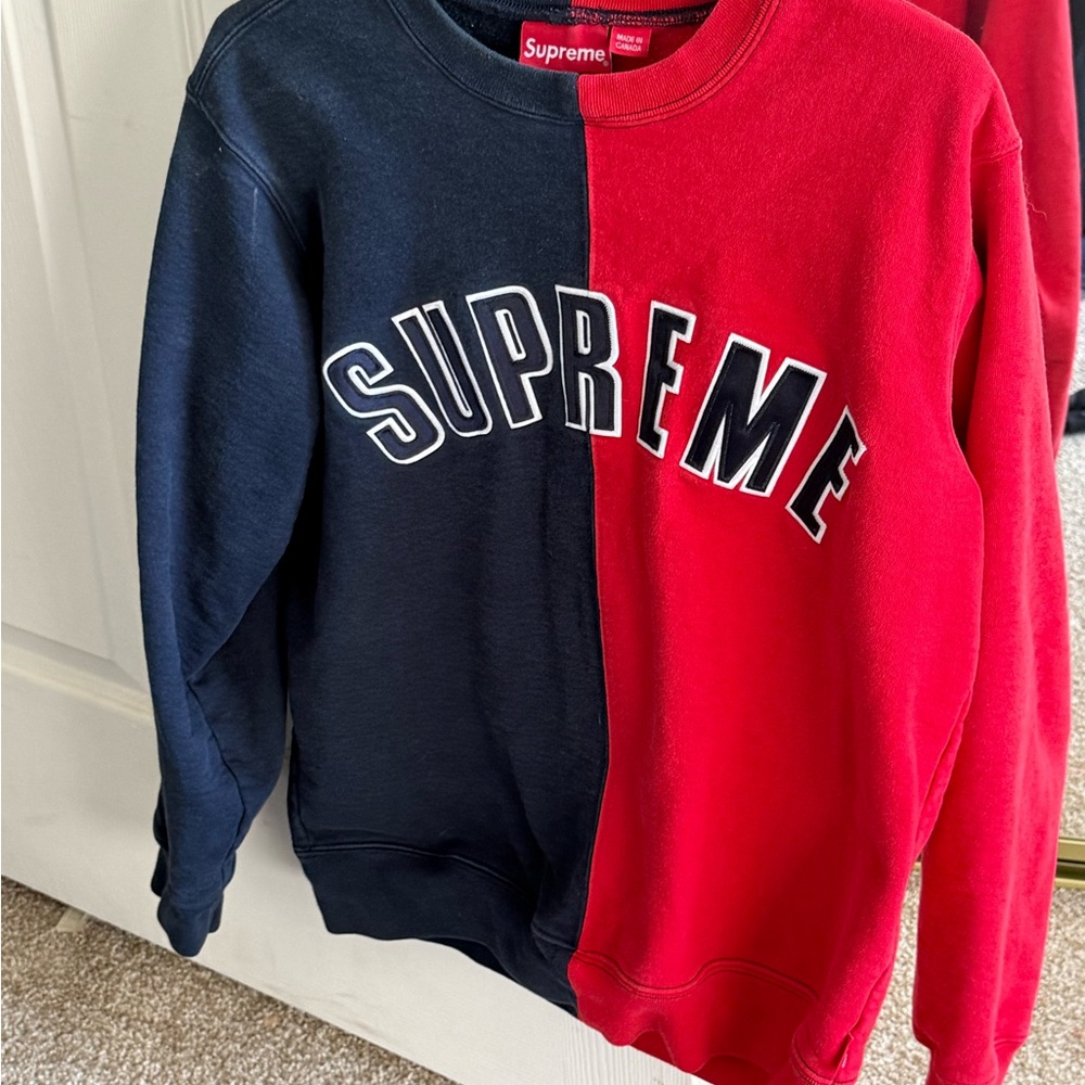 Supreme Men's Two-Tone Red and Black Crewneck Sweater